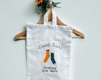 Lonely Socks Seeking Sole Mates bag, handmade storage bags for odd socks, embroidered laundry bag, novelty gift, funny gift for partner