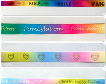 Personalised rainbow satin ribbon 10, 15 or 25mm custom gift wrapping for birthday, anniversaries, wedding, LGBTQ+, small business packaging