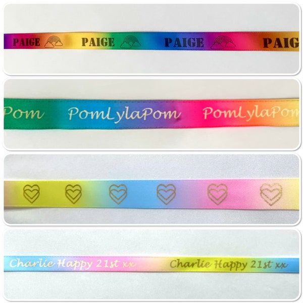 Ruban de satin arc-en-ciel personnalisé 10, 15 ou 25 mm emballage cadeau personnalisé pour anniversaire, anniversaires, mariage, LGBTQ+, emballage pour petites entreprises