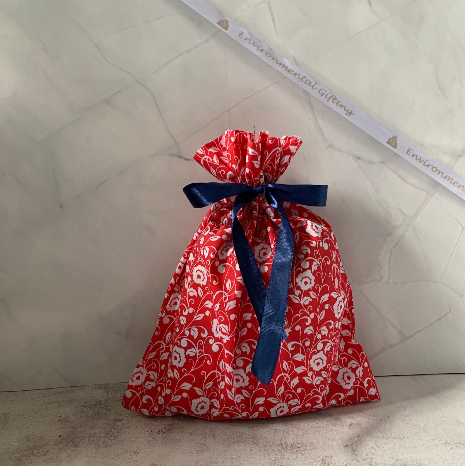 Fabric reusable gift bag 100 cotton red & white floral Etsy