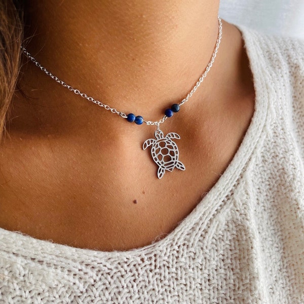 Collier Tortue avec chaîne en acier inoxydable (argent ou or) Fait main - Bijoux pour femme et amoureux des océans