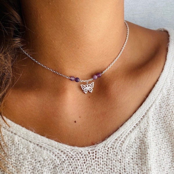 Collier Papillon Argent ou Or avec chaîne ajustable - Bijoux en acier inoxydable fait main - Cadeau pour femme