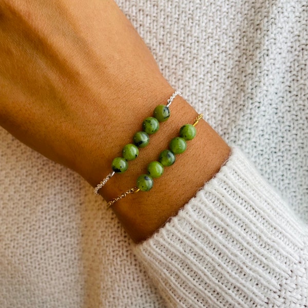 Bracelet Pentaperle Jade Verte avec chaîne en acier inoxydable (argent ou or) Fait main - Bijoux ajustable pour femme pierre semi-précieuse