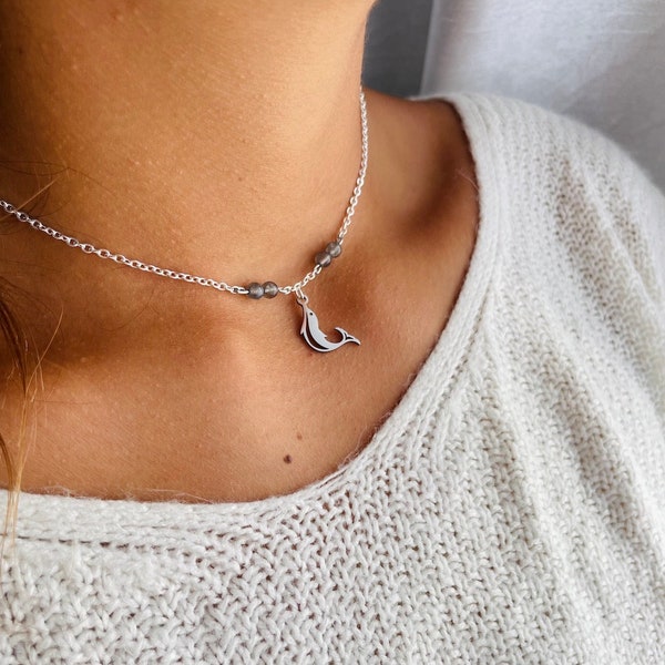 Collier Dauphin Argent ou Or - Fait main avec chaîne en acier inoxydable - Bijoux pour femme pierre semi-précieuse ajustable au choix