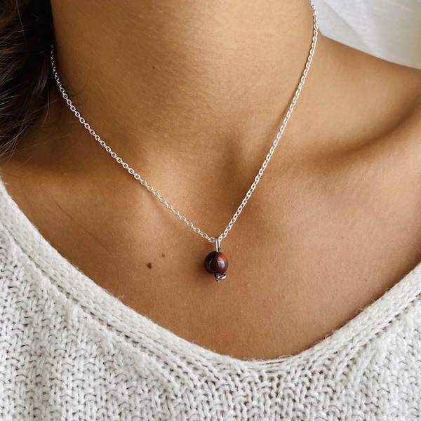 Collier Oeil de Taureau Uniperle avec chaîne en acier inoxydable (argent/or) Fait main - Bijoux ajustable pour femme pierre semi-précieuse