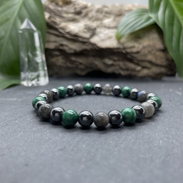 Bracelet Alignement (Malachite, Hématite, Labradorite) pour femme & homme - Fait main - Bijoux avec cristal labradorite français