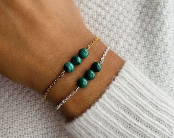 Bracelet malachite triperle pour femme avec chaîne en acier inoxydable (argent ou or) Fait main - Bijoux français et ajustable