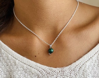 Collier Malachite Uniperle Or ou Argent- Fait main avec chaîne en acier inoxydable - Bijoux pour femme pierre semi-précieuse ajustable