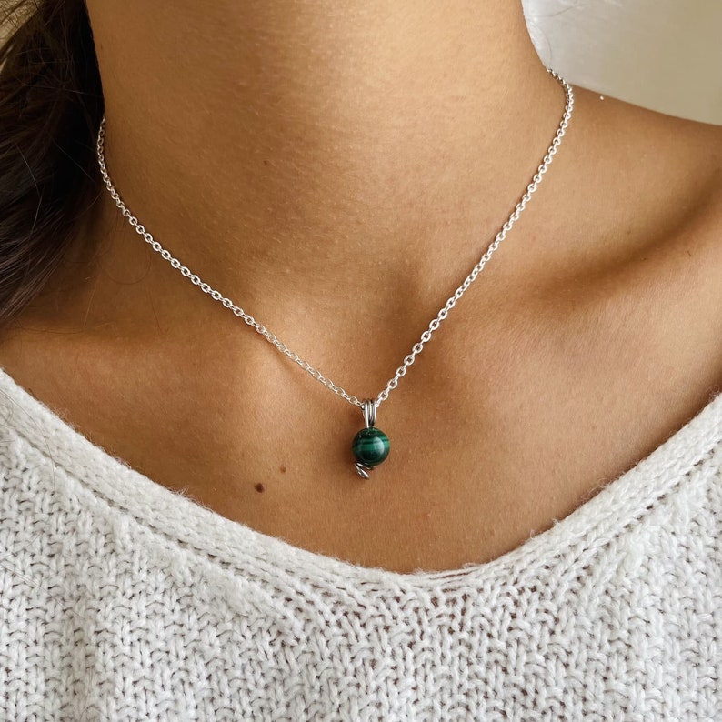 Collier Malachite Uniperle Or ou Argent Fait main avec chaîne en acier inoxydable Bijoux pour femme pierre semi-précieuse ajustable image 1