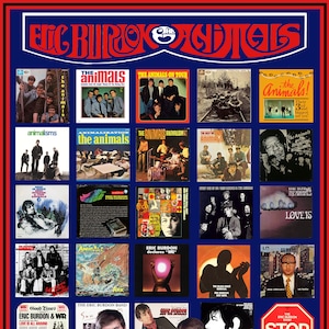 May include: A collage of album covers featuring Eric Burdon and The Animals. The collage includes album covers from the 1960s and 1970s, including "The Animals", "Animalisms", "The Animals on Tour", "The Animals Animalism", "Eric Burdon Declares "War", "The Eric Burdon Band", "Good Times Eric Burdon & War", and "Love is All Around".