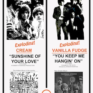 Puede incluir: Un póster promocional en blanco y negro para dos bandas de rock, Cream y Vanilla Fudge, en el sello discográfico Atco. El póster presenta fotos en blanco y negro de las bandas, portadas de álbumes y el texto "The Rock Explosion on Atco".