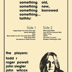 以下が含まれることがあります： 「faithful todd rundgren」というタイトルと、各面の曲リストが書かれた白黒のアルバムカバー。アルバムカバーには、白黒のトッド・ラングレンの肖像画が描かれている。