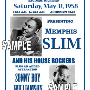 Può includere: Un manifesto di concerto vintage per Memphis Slim e i suoi House Rockers, che si esibirono al Parkway Arena di Saginaw, Michigan, sabato 31 maggio 1958. Il manifesto presenta una foto in bianco e nero di Memphis Slim e una foto in bianco e nero di Sonny Boy Williamson. Il manifesto è stampato su carta bianca con testo blu.