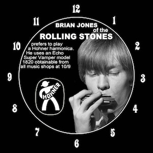 Brian Jones Rolling Stones 8.78&quot; Round Wall Clock Custom Design Hohner Harmonica vintage ad reproduction Rolling Stones