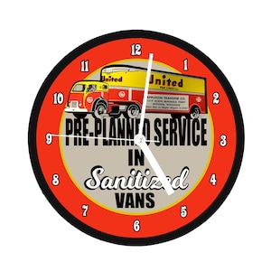 United Van Lines 8&quot; Round Battery Operated Throwback Ad Wall Clock Vintage Moving and Storage Ad Reproductin