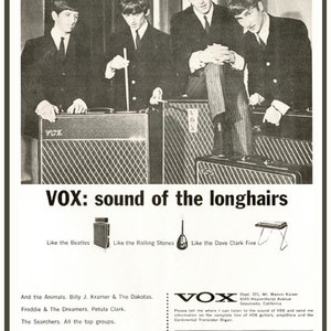 May include: A black and white photograph advertising VOX amplifiers, featuring four musicians. The ad text reads "VOX: sound of the longhairs" and lists popular bands of the 1960s who used VOX amplifiers, including The Beatles, The Rolling Stones, and The Dave Clark Five. The ad also includes a coupon to request more information about VOX products.