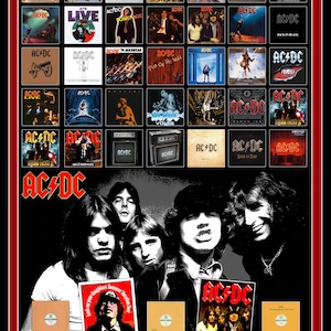 AC/DC, Brian Johnson, Bon Scott, Angus Young, Malcom Young LP covers poster