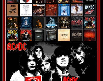 AC/DC, Brian Johnson, Bon Scott, Angus Young, Malcom Young LP covers poster