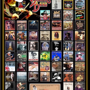 Könnte beinhalten: Eine Collage von Albumcovern mit der Charlie Daniels Band. Die Cover zeigen verschiedene Bilder, darunter eine Geige, ein Bandmitglied und eine Flasche Whisky. Der Text "The Charlie Daniels Band" ist oben auf der Collage prominent dargestellt.