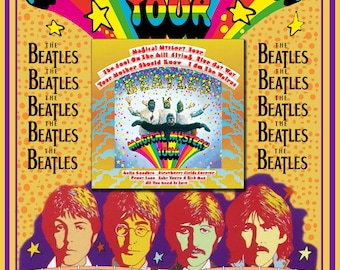 May include: A vintage record album cover for The Beatles' "Magical Mystery Tour" album. The cover features a psychedelic design with a rainbow, stars, and the band members in cartoon form. The album title is written in a colorful, stylized font. The album was released on Capitol Records on November 27, 1967.