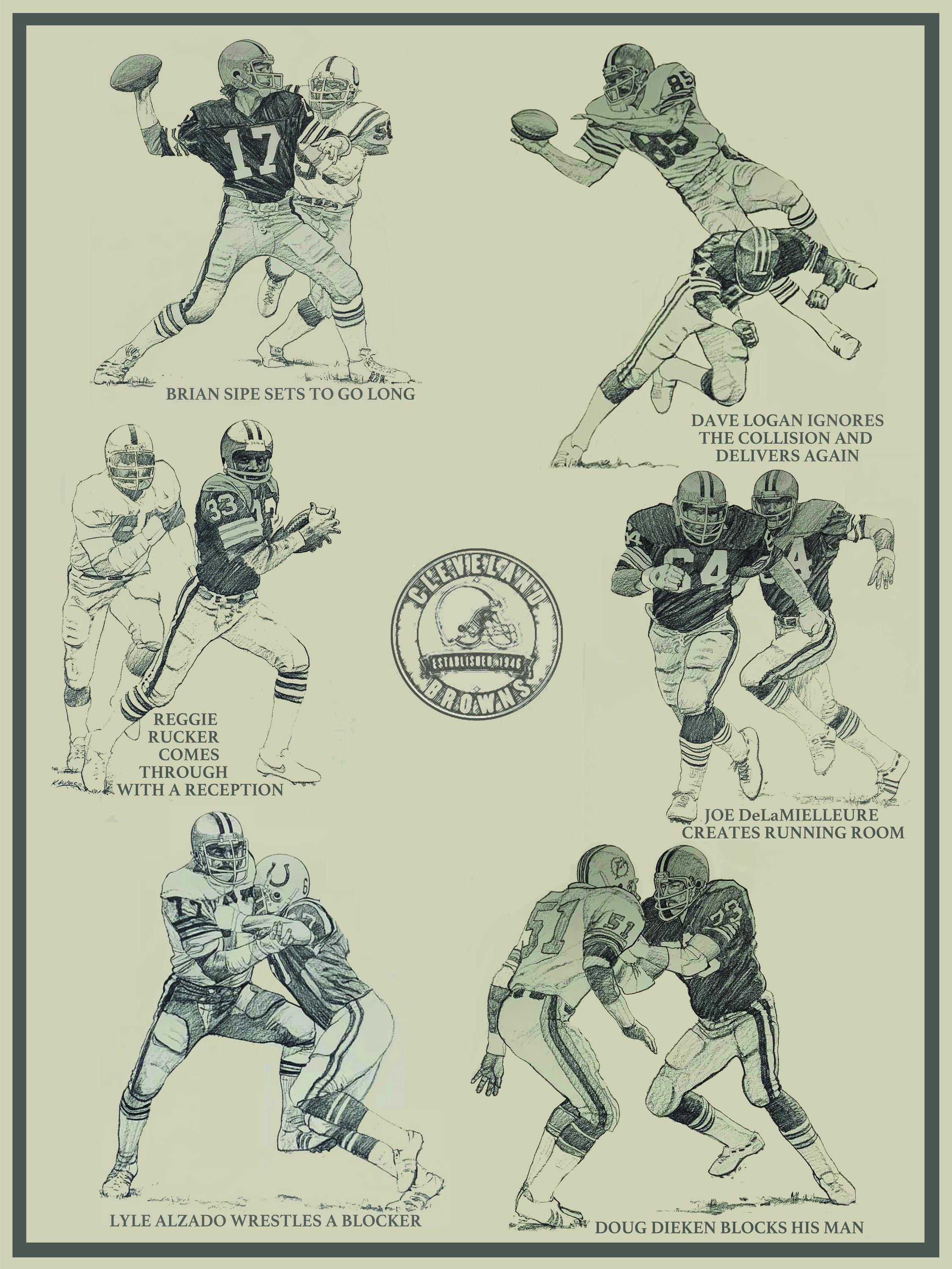 Cleveland Browns 1981  Sketches 18"x24" Poster. Brian Sipe, Reggie Rucker, Lyle Alzado, Joe DeLamielleure, Doug Dieken, Dave Logan. 6 on 1