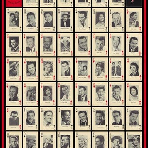May include: A vintage poster featuring a deck of playing cards with black and white photos of 1970s country music stars. The cards are arranged in a grid, with the text "1970's Country Music Playing Cards Photos of 54 Golden Age Recording Stars!" at the bottom.
