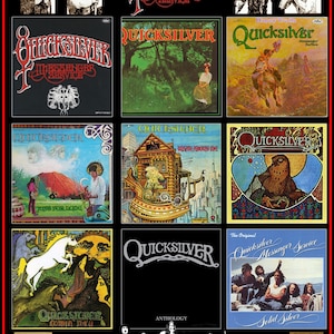 May include: A collage of album covers for the band Quicksilver Messenger Service. The covers feature various images, including a mountain, a house, a horse, and a band member. The text "Quicksilver Messenger Service" appears on several of the covers.