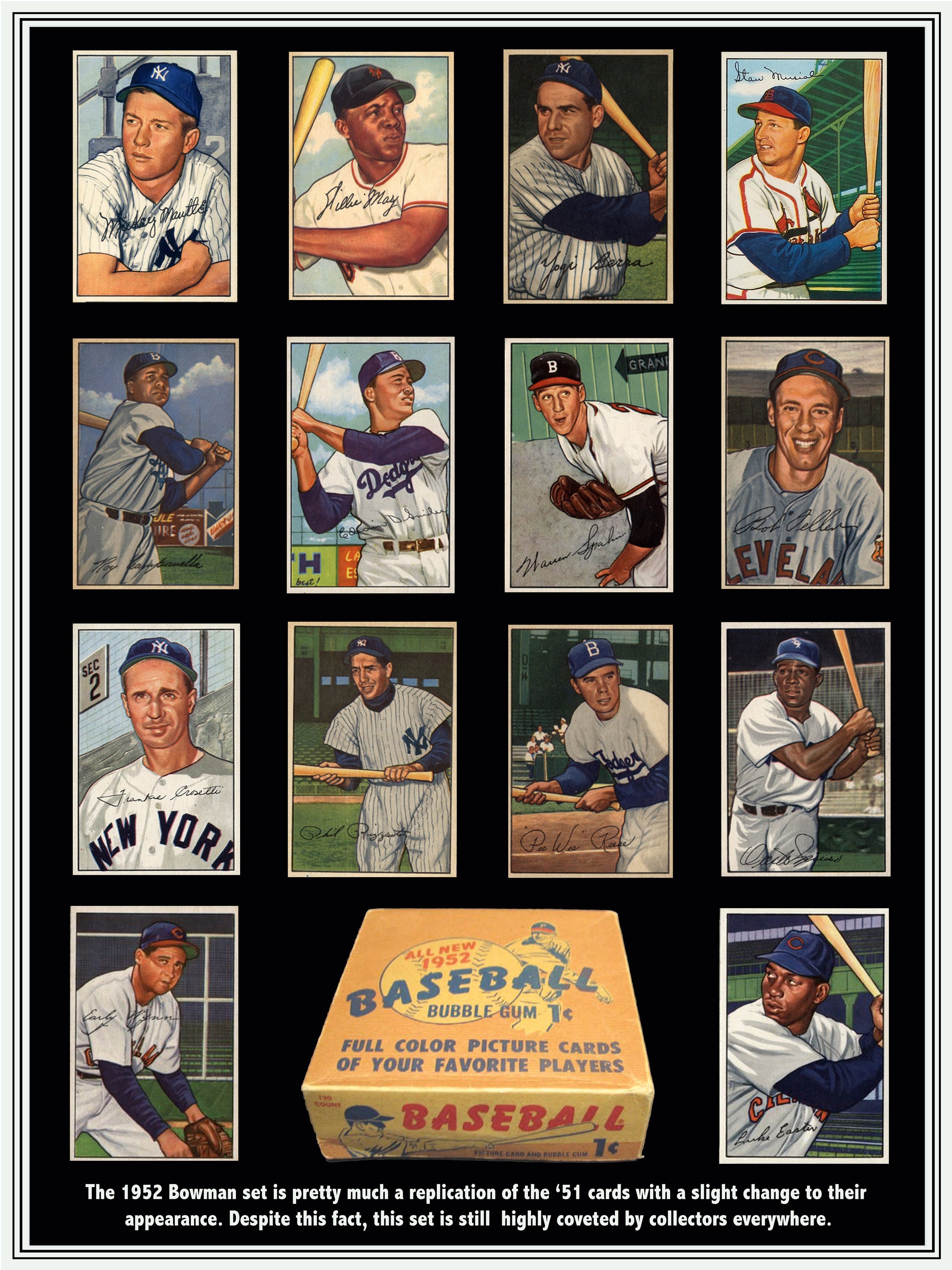 1952 Bowman Baseball Card Poster Mickey Mantle, Willie Mays, Stan