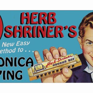 Herb Shriner Riproduzione cartello in vinile Harmonica Club, Metodo semplice armonica stampato direttamente su PVC/vinile da 3 mm