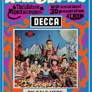 May include: A retro album cover for The Rolling Stones' "Their Satanic Majesties Request." The design features psychedelic lettering, a band photo, and the Decca Records logo. The album cover is framed in blue with orange and pink accents. The text "ON SALE HERE" is also included.