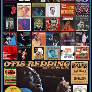 May include: A collage of album covers featuring Otis Redding, a famous soul singer. The covers are arranged in a grid pattern and include titles such as "Pain in My Heart", "Respect", "The Dock of the Bay", and "My-My-My".