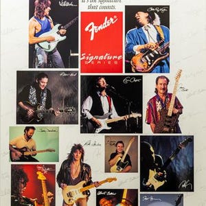 May include: Poster featuring multiple images of guitarists with Fender guitars. The poster includes the Fender logo and the text "when it comes to an original, it's the signature that counts." The poster is a promotional item for the Fender Signature Series.