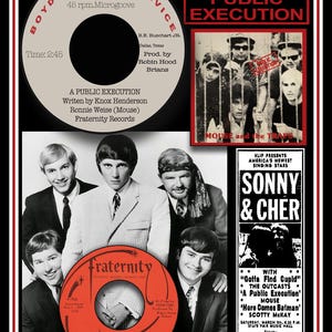 Könnte beinhalten: Schwarzweißfoto einer Band namens Mouse and the Traps. Die Bandmitglieder stehen vor einem Plattenlabel namens Fraternity Records. Das Plattenlabel wirbt für ein Lied namens "A Public Execution".