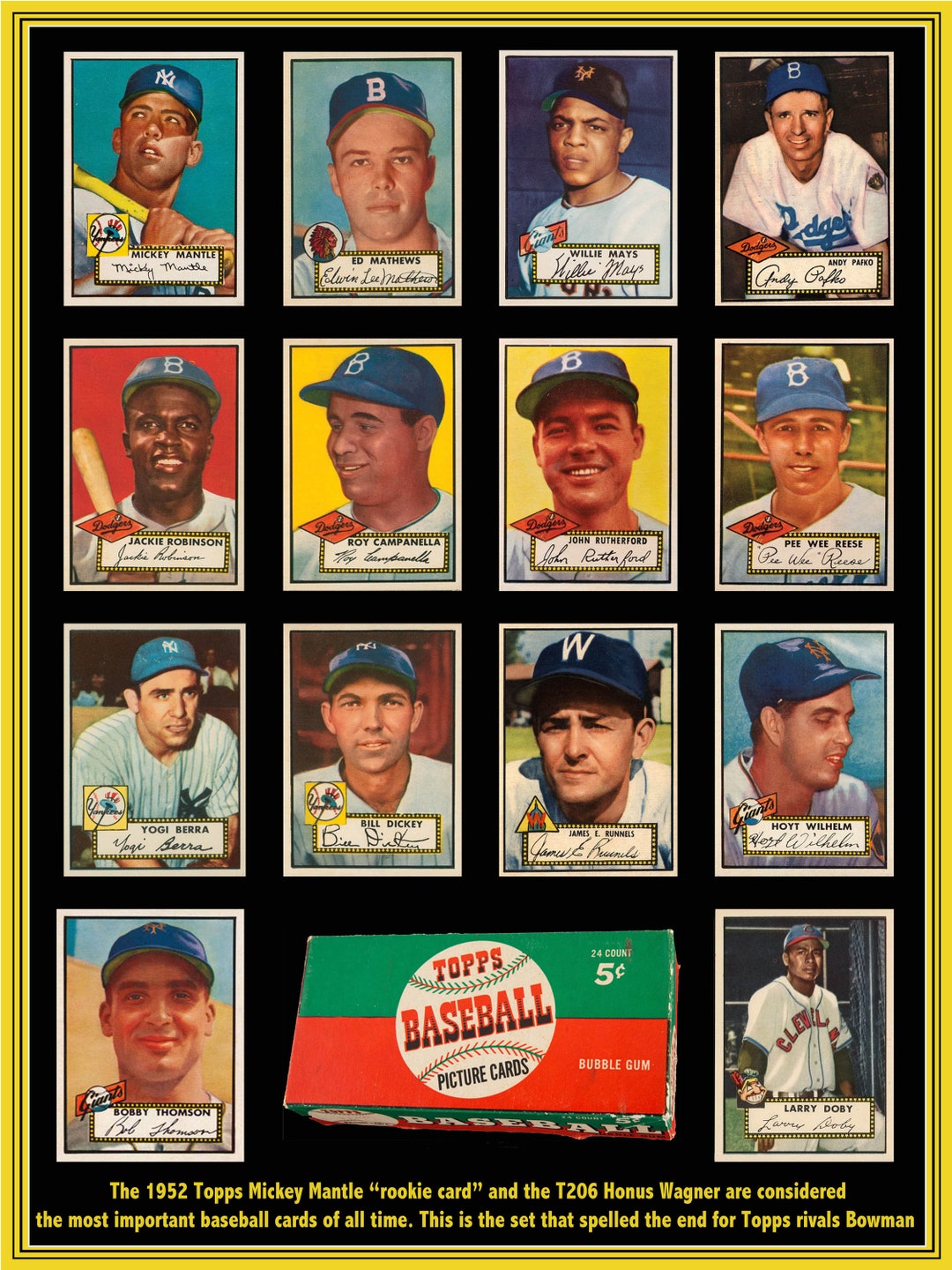 1952 Topps Baseball Card Poster Mickey Mantle, Eddie Mathews, Willie