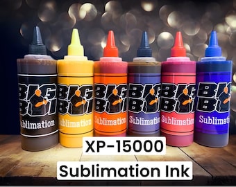 May include: Six bottles of sublimation ink in different colors: black, yellow, red, purple, orange, and blue. The bottles are labeled "Big Bob" and "Sublimation". The text "XP-15000 Sublimation Ink" is printed below the bottles.