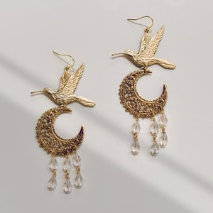 Whimsical Bird Earrings Filigree Moon & Hummingbird Chandelier Earrings Big Celestial Hummingbird Earrings Dainty Earrings image 2