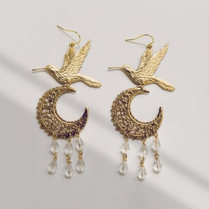Whimsical Bird Earrings Filigree Moon & Hummingbird Chandelier Earrings Big Celestial Hummingbird Earrings Dainty Earrings image 1