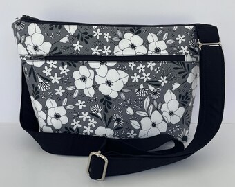 Black, White & Gray Floral Cotton Shoulder Bag, Lightweight Fabric Purse, Zippered Handbag