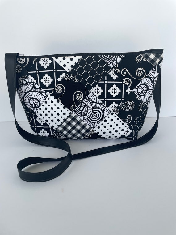 Black White Patchwork Fabric Handbag Small Shoulder Bag Leatherette Strap Etsy