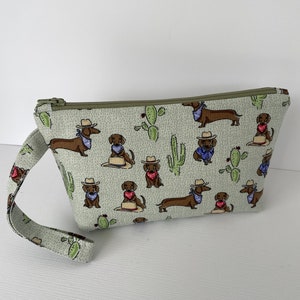 Dachshund Wristlet, Ladies Fabric Pouch, Dog Print Clutch, Coin Purse
