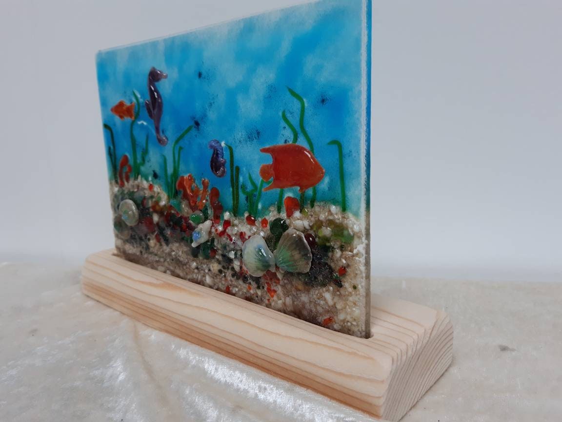 Underwater sea scene. Fused glass panel. Handmade scene with Etsy