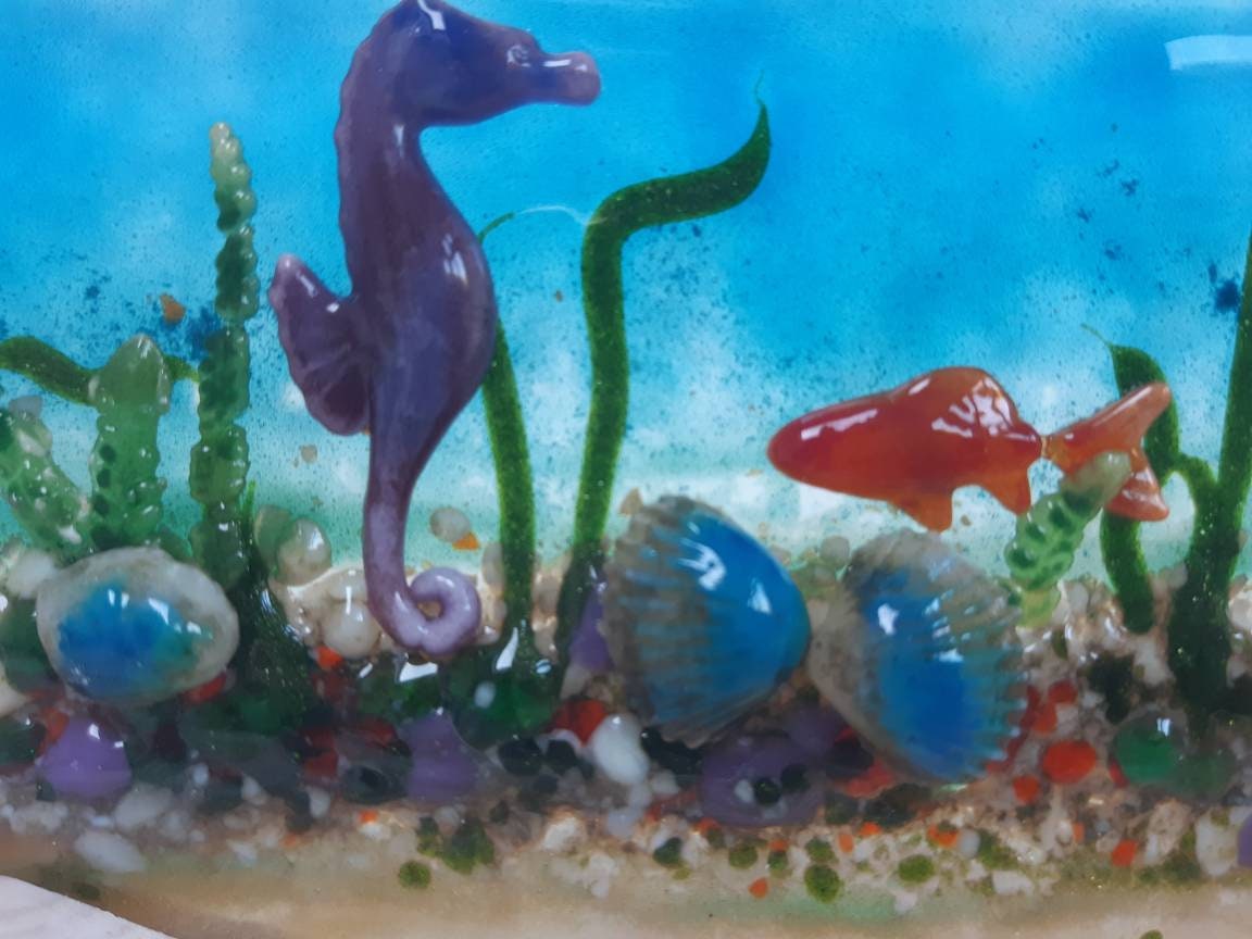 Fused Glass Underwater Sea Scene in Wooden Stand. Handmade in Etsy UK