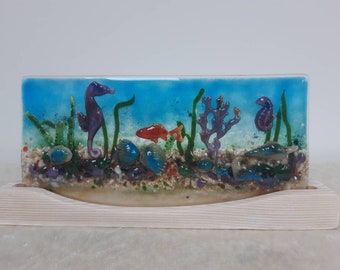 Fused glass underwater sea scene in wooden stand. Handmade in Hampshire.