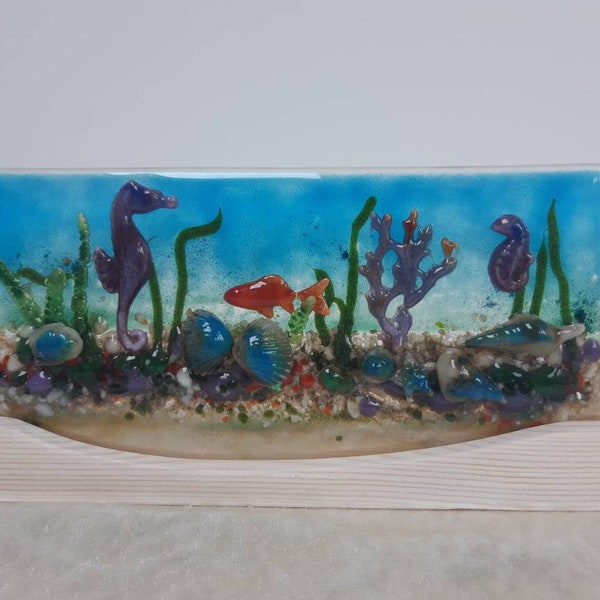 Fused glass underwater sea scene in wooden stand. Handmade in Hampshire.