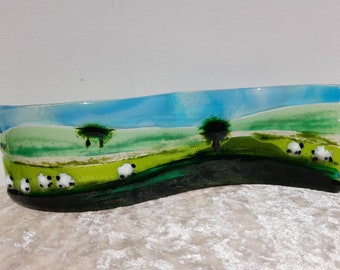 Fused Glass wavy hills with sheep. Handmade in Hampshire