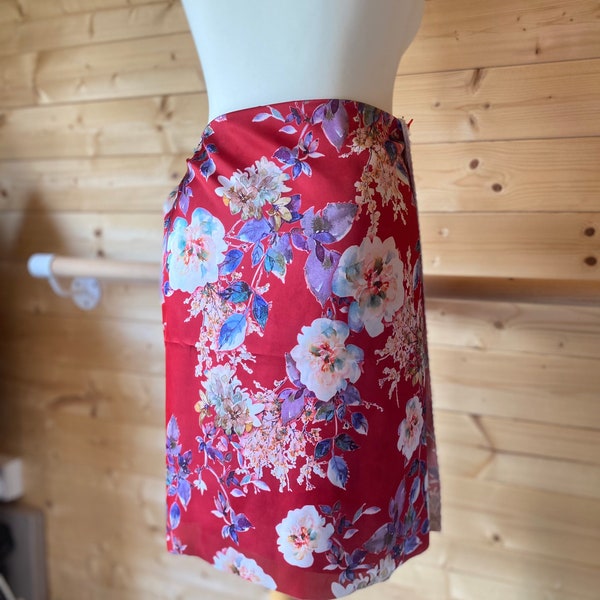 Red watercolour floral Satin ballet wrap skirt