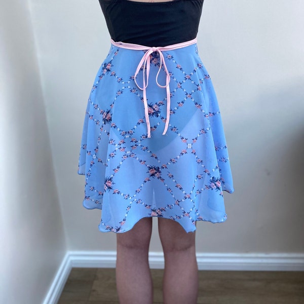 ballet wrap skirt in blue floral Chiffon fabric.