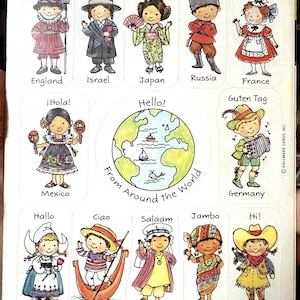 May include: A sheet of stickers featuring cartoon children in traditional clothing from around the world. Each sticker has a greeting in a different language, including "Hello" and "Bonjour". The stickers are from Hallmark Cards, Inc.