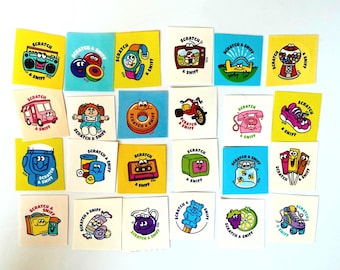 May include: A set of 20 vintage Scratch and Sniff stickers featuring various cartoon characters and objects. The stickers are square and have a colorful design with the text "Scratch and Sniff" on each one.