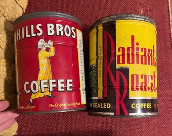 Vintage Hills Bros or Radiant Roast Coffee Tins, Your Choice, 2 lb Tins